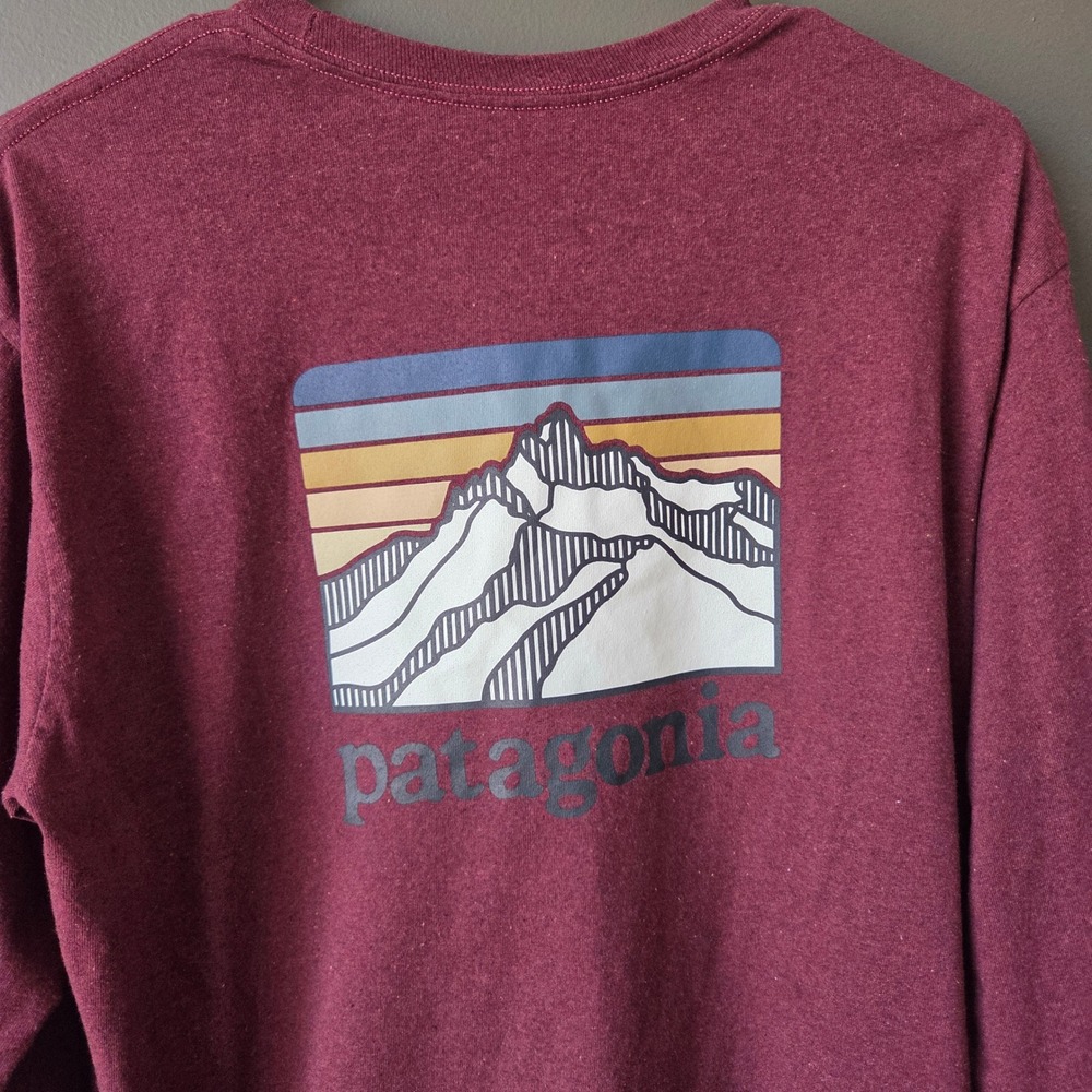 Patagonia Mens Responsibili-Tee Long‎ Sleeve Shirt Burgundy Red Mountain Logo M